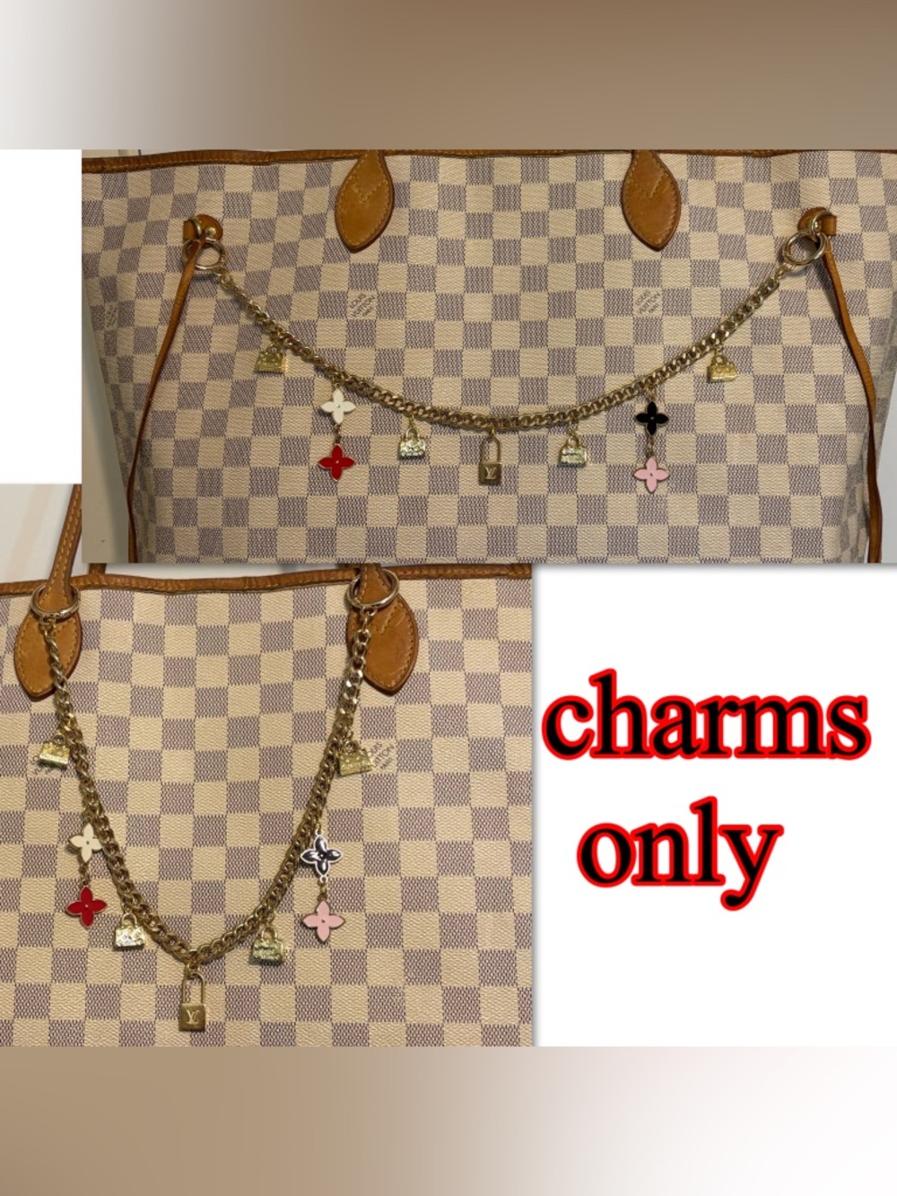 Authentic Louis Vuitton Lock Charm and other unbranded charms on bag chain